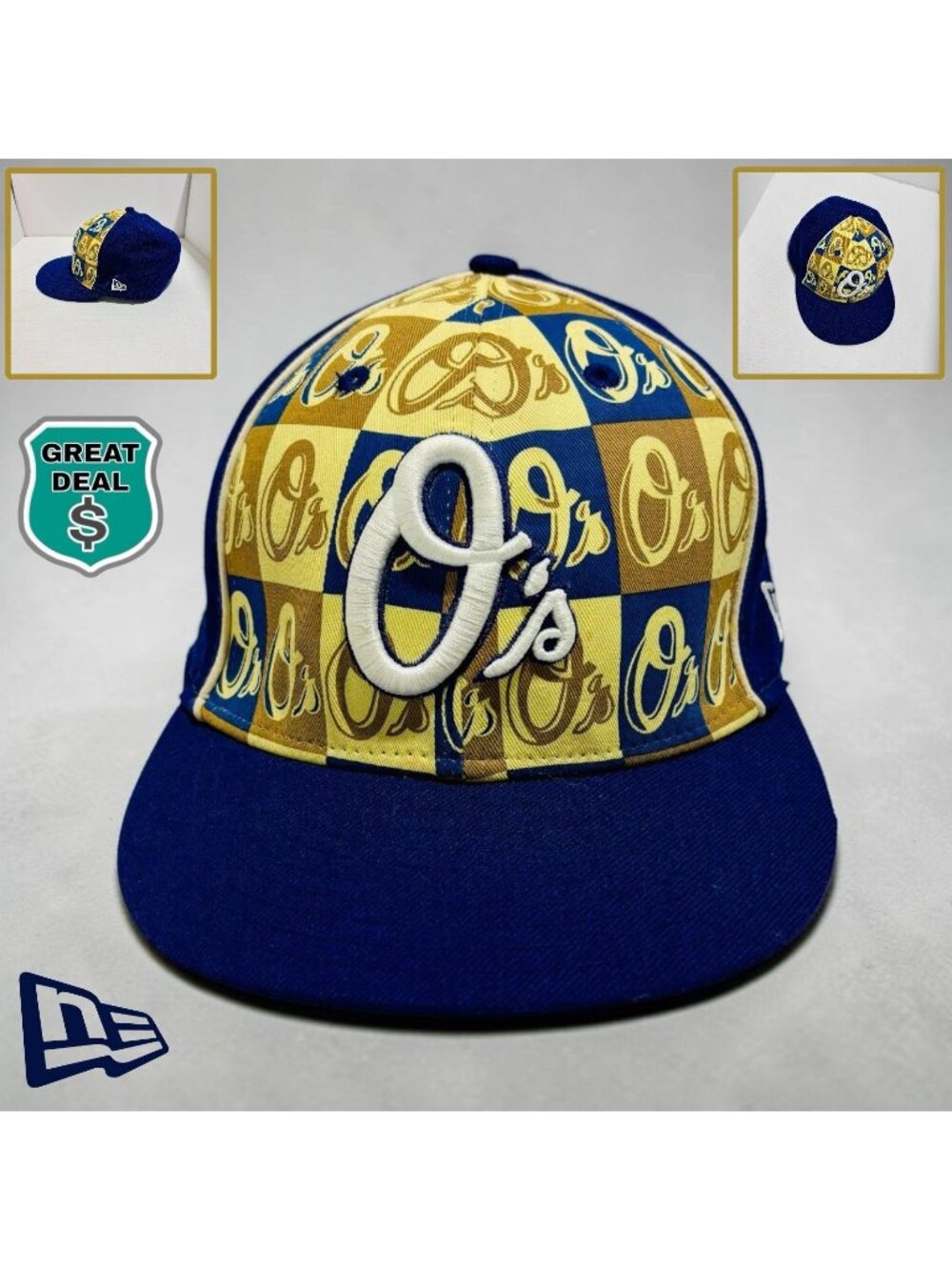 NEW ERA 59FIFTY Baltimore Orioles Blue Gold Checkered Fitted Size 7 1/2 Hat Cap!
